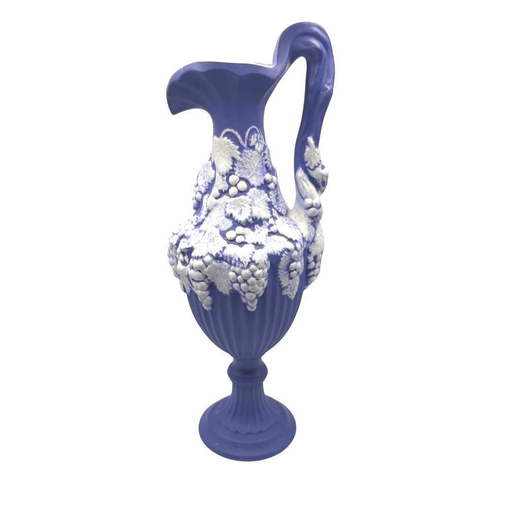 Vtg Arnels Ceramic Pitcher Ewer Vase Blue White Grape Vine Mold 14" Shabby Chic
